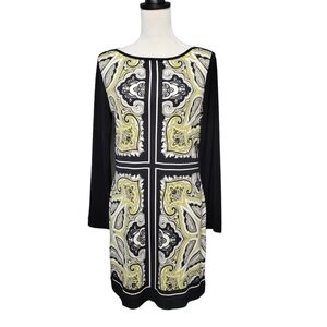 Banana Republic women's petite medium dress black/white/yellow, sabrina neckline